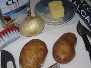 Start baking Russet potatoes when caramelizing onions.
