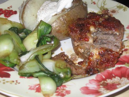 "I Love It Again" Mini Meat Loaf with baked potato and sauteed Bok Choy